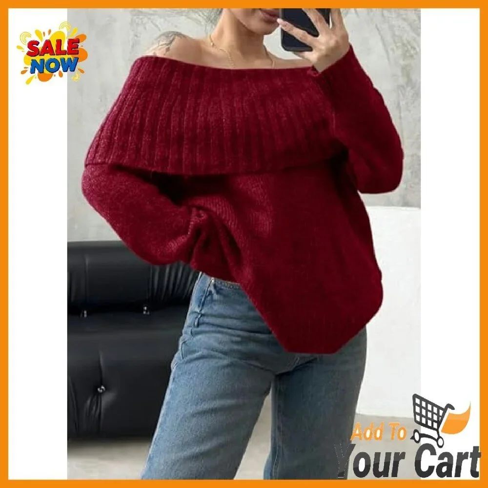 Oversized Off Shoulder Ribbed Knit Pullover Sweater Long Sleeve Loose Fit